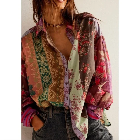 Free People We The Free Patchwork Floral Button Down Blouse Boho Cottagecore  XS - Picture 6 of 14